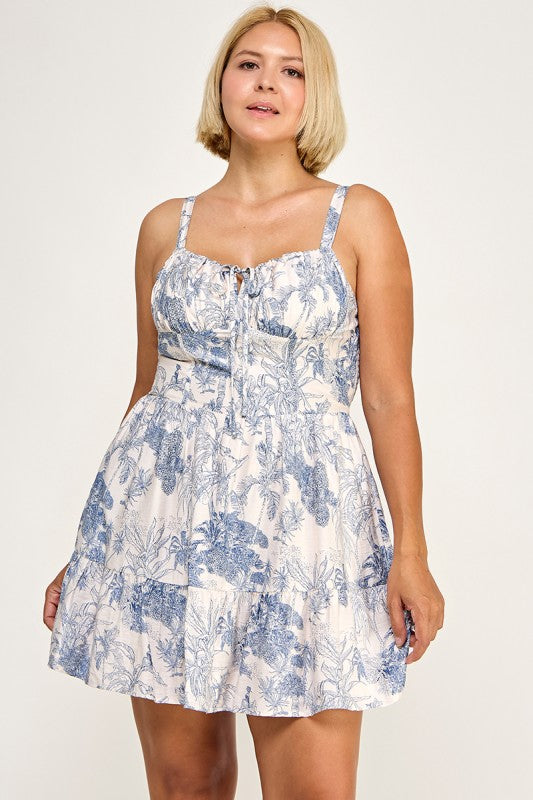 D5518X Drawstring Printed A-Line Mini Dress