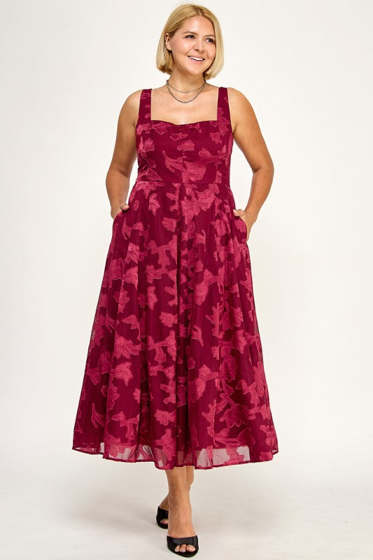 D5782XS Plus-Size Floral Jacquard Fit & Flare Midi Dress