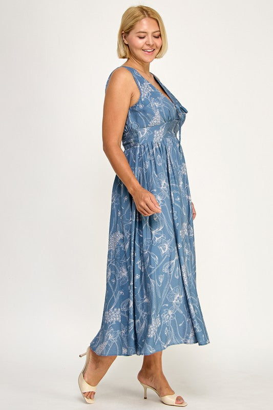 D5756XS Plus-Size Floral Sleeveless V-Neck Lace Trim Tie-Front Midi 