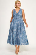 D5756XS Plus-Size Floral Sleeveless V-Neck Lace Trim Tie-Front Midi 