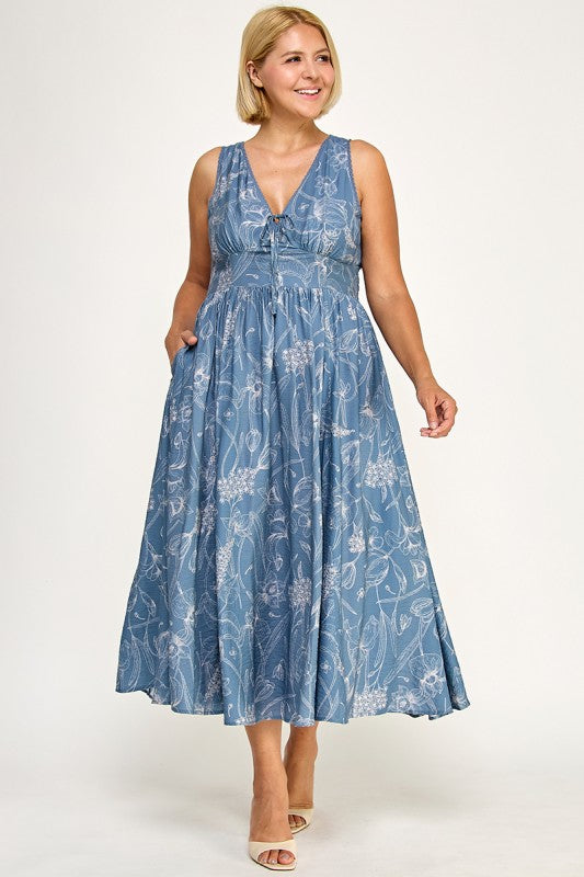 D5756XS Plus-Size Floral Sleeveless V-Neck Lace Trim Tie-Front Midi 