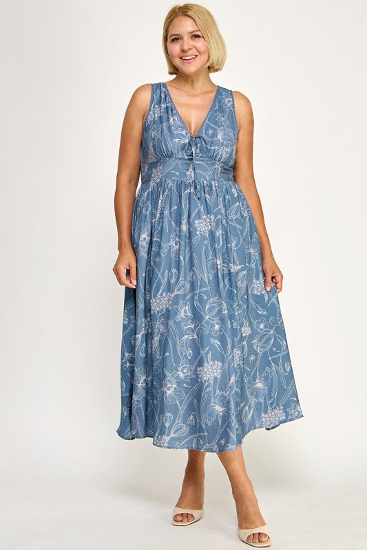 D5756XS Plus-Size Floral Sleeveless V-Neck Lace Trim Tie-Front Midi 