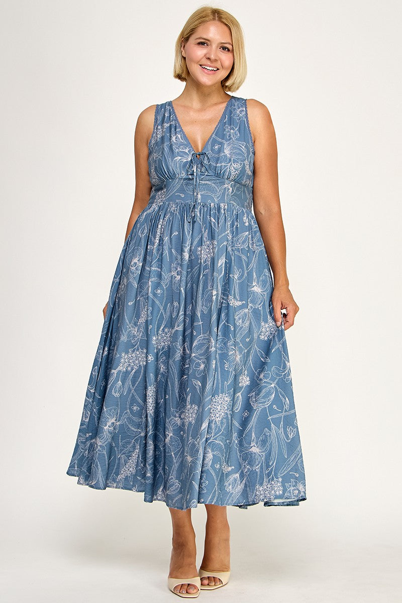 D5756XS Plus-Size Floral Sleeveless V-Neck Lace Trim Tie-Front Midi 