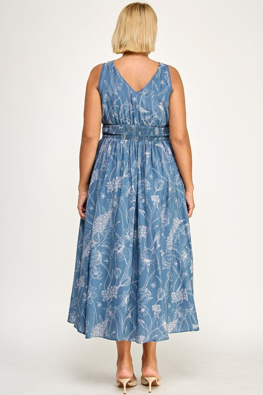 D5756XS Plus-Size Floral Sleeveless V-Neck Lace Trim Tie-Front Midi 