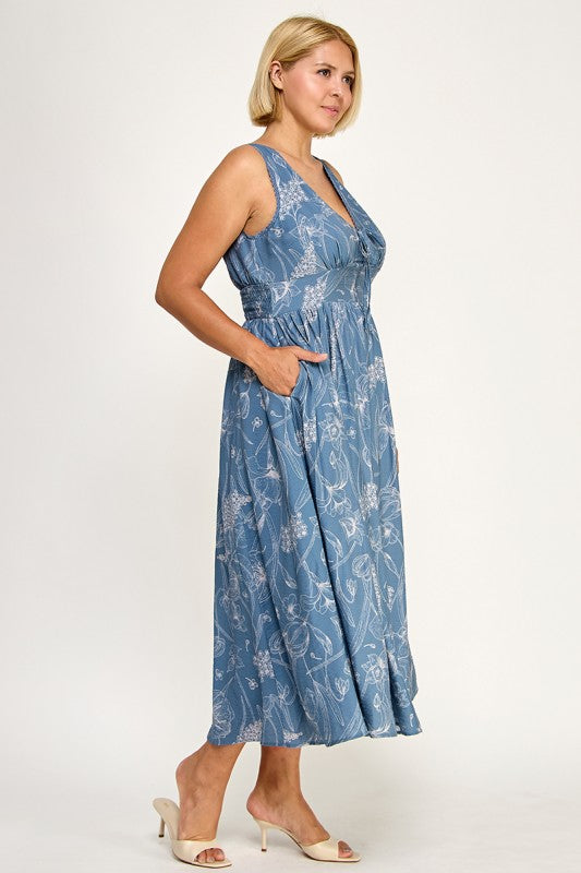 D5756XS Plus-Size Floral Sleeveless V-Neck Lace Trim Tie-Front Midi 