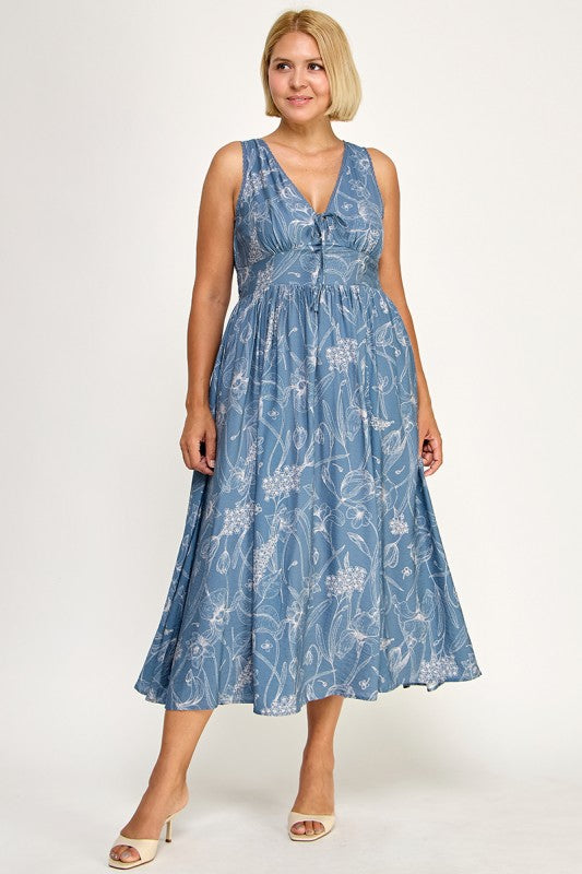 D5756XS Plus-Size Floral Sleeveless V-Neck Lace Trim Tie-Front Midi 