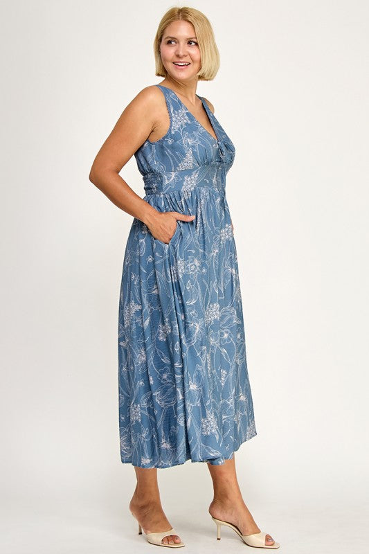 D5756XS Plus-Size Floral Sleeveless V-Neck Lace Trim Tie-Front Midi 