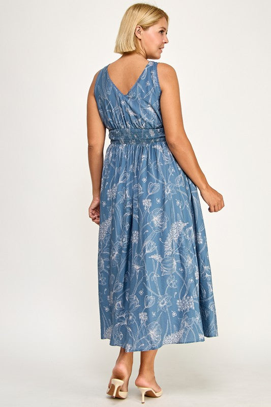 D5756XS Plus-Size Floral Sleeveless V-Neck Lace Trim Tie-Front Midi 