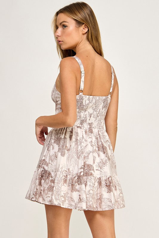 D5518 Floral Tiered Mini Dress with Smocked Back