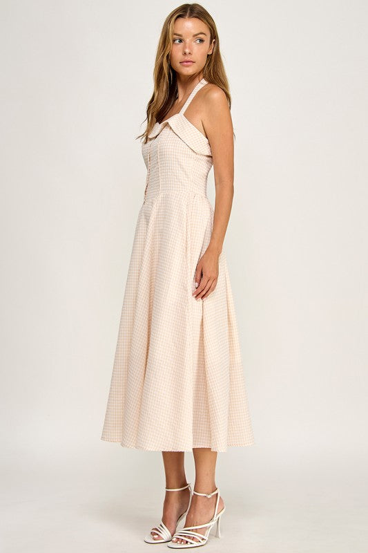 D5526-5 Gingham Corset Midi Dress