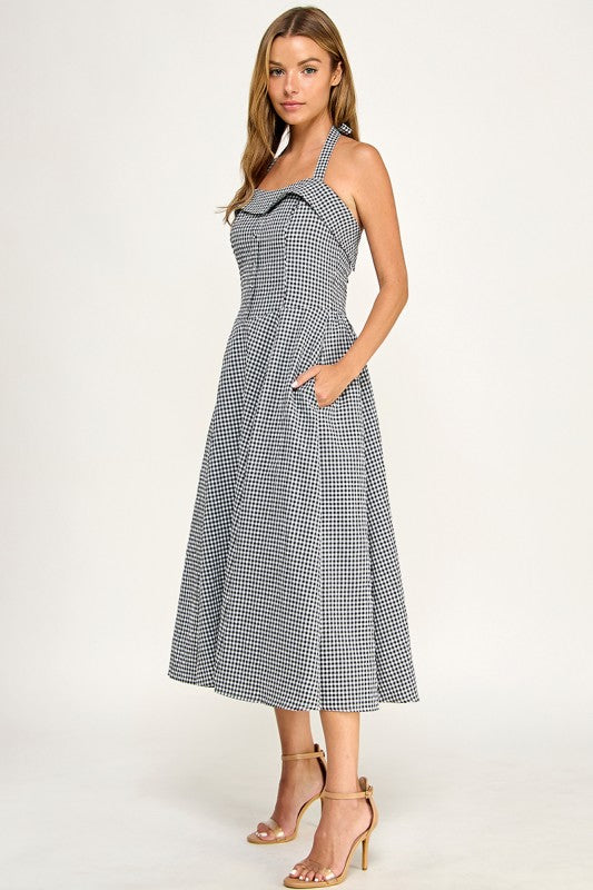 D5526-5 Gingham Corset Midi Dress