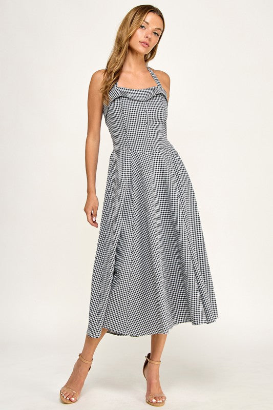 D5526-5 Gingham Corset Midi Dress