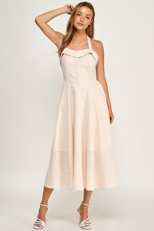 D5526-5 Gingham Corset Midi Dress