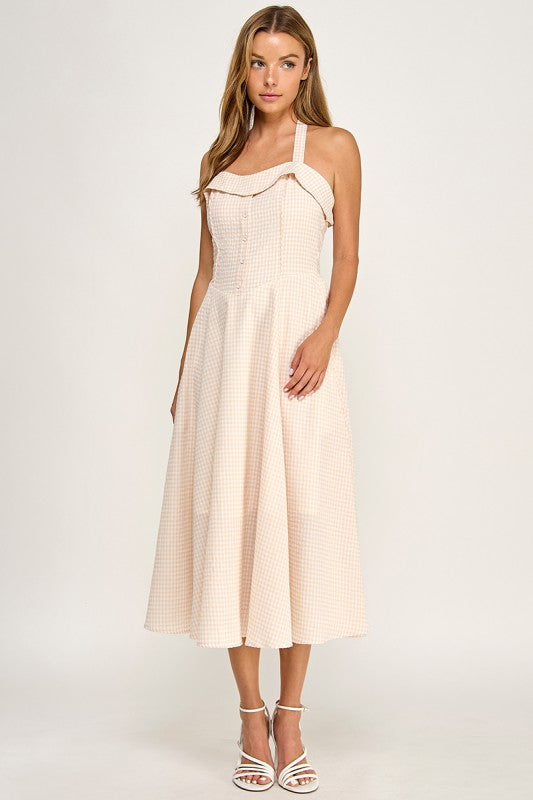 D5526-5 Gingham Corset Midi Dress