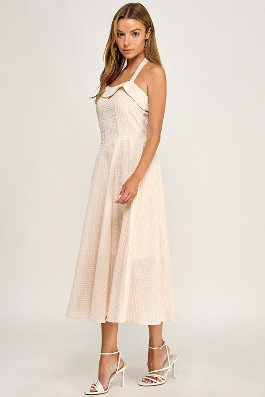 D5526-5 Gingham Corset Midi Dress