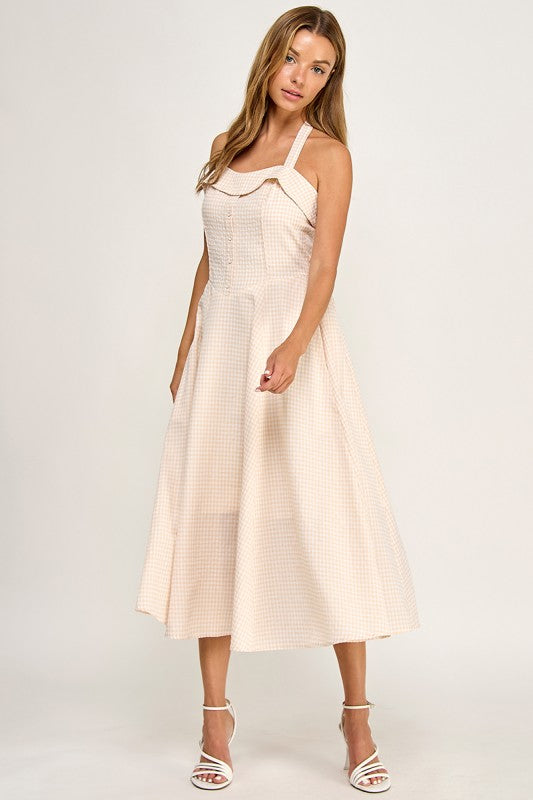 D5526-5 Gingham Corset Midi Dress