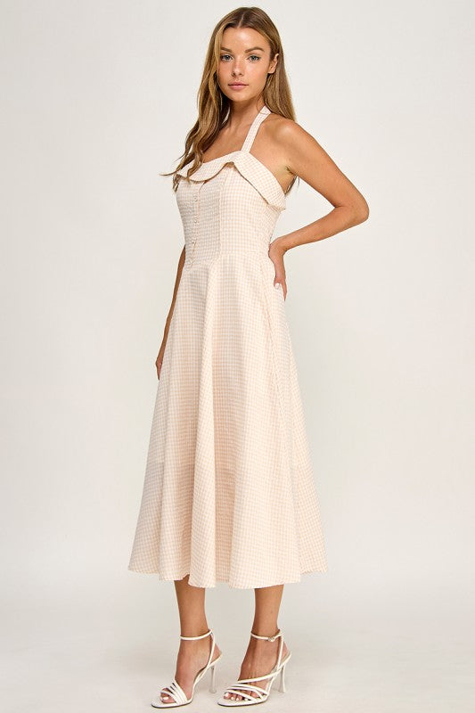 D5526-5 Gingham Corset Midi Dress