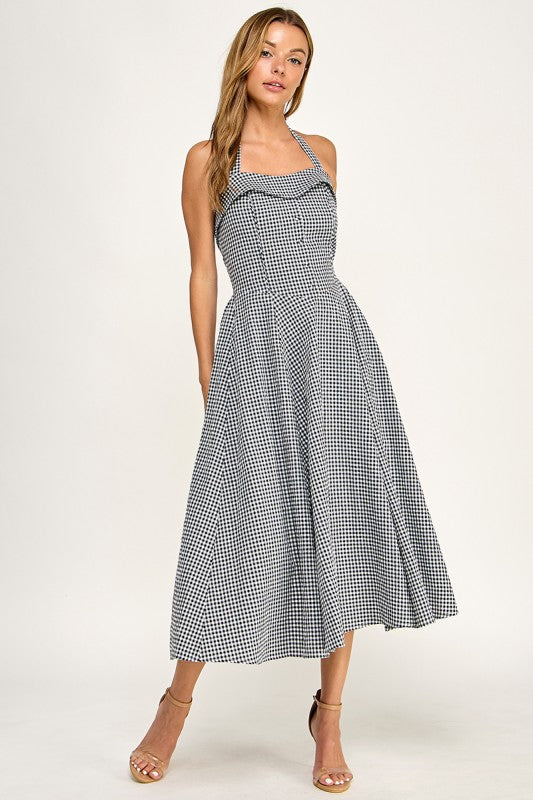 D5526-5 Gingham Corset Midi Dress