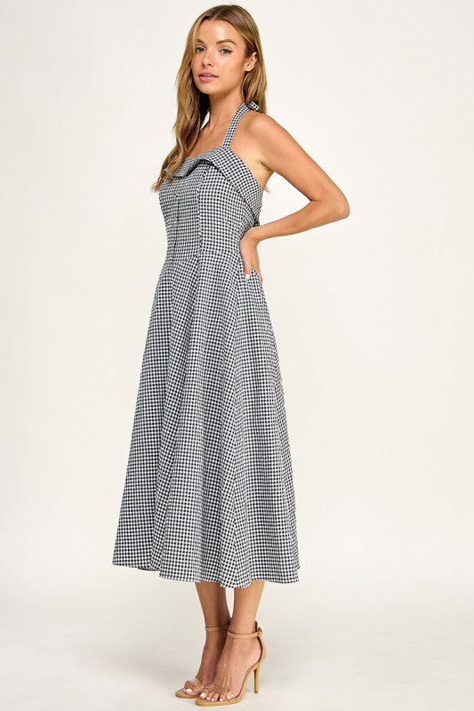 D5526-5 Gingham Corset Midi Dress