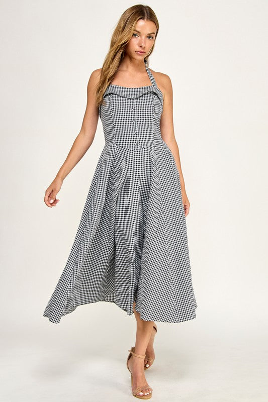 D5526-5 Gingham Corset Midi Dress