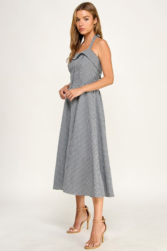 D5526-5 Gingham Corset Midi Dress