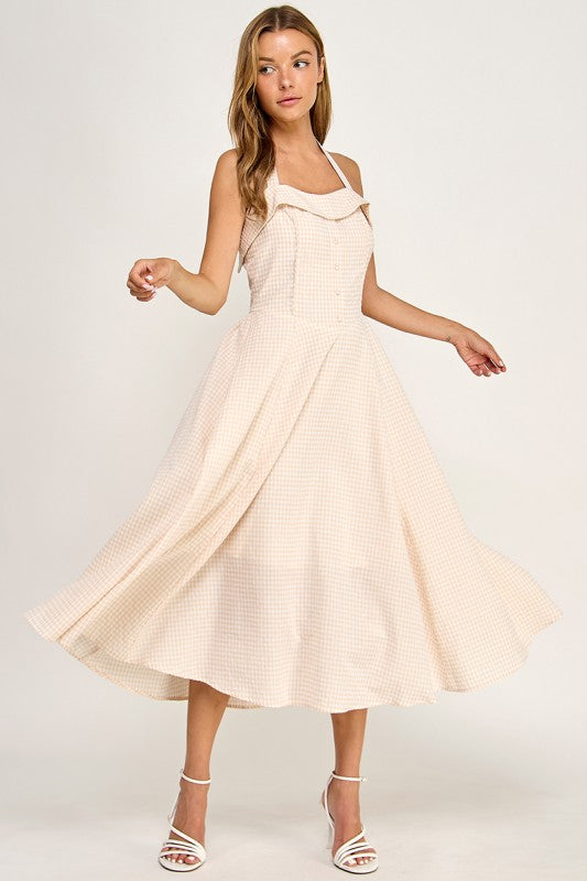 D5526-5 Gingham Corset Midi Dress