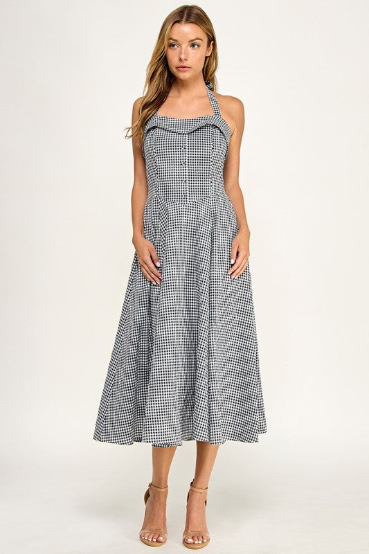 D5526-5 Gingham Corset Midi Dress
