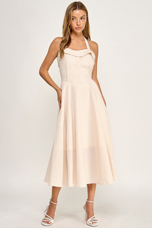 D5526-5 Gingham Corset Midi Dress