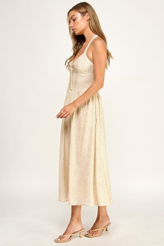D5754S-1 Halter Tie-Front Fit-and-Flare Midi Dress