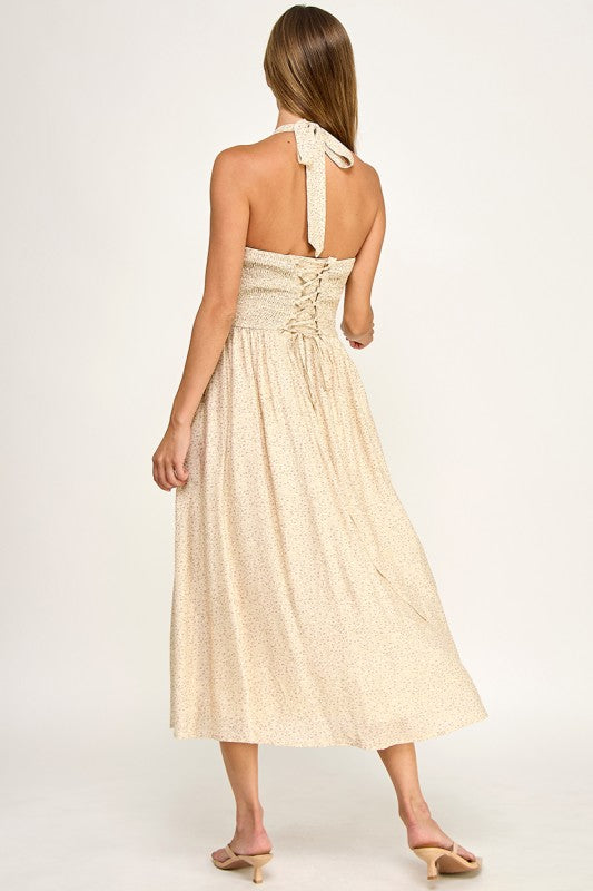 D5754S-1 Halter Tie-Front Fit-and-Flare Midi Dress