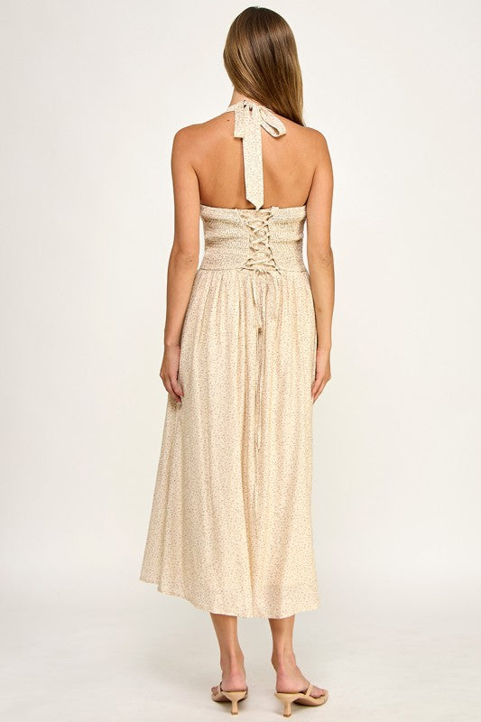 D5754S-1 Halter Tie-Front Fit-and-Flare Midi Dress