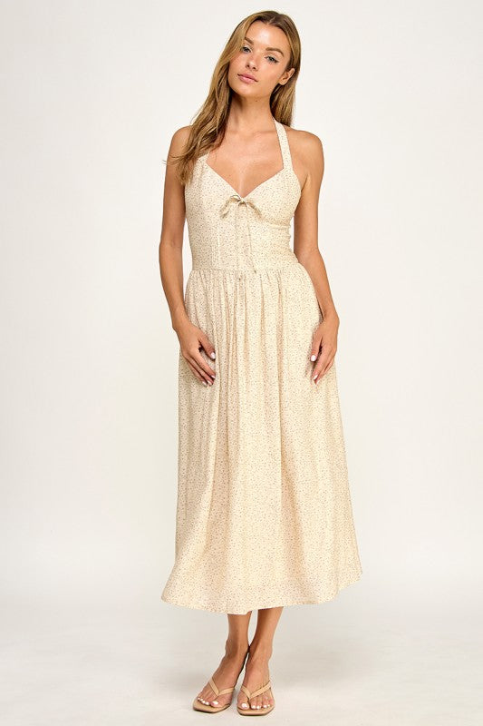 D5754S-1 Halter Tie-Front Fit-and-Flare Midi Dress