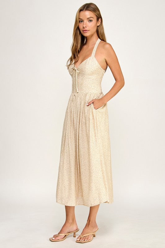 D5754S-1 Halter Tie-Front Fit-and-Flare Midi Dress