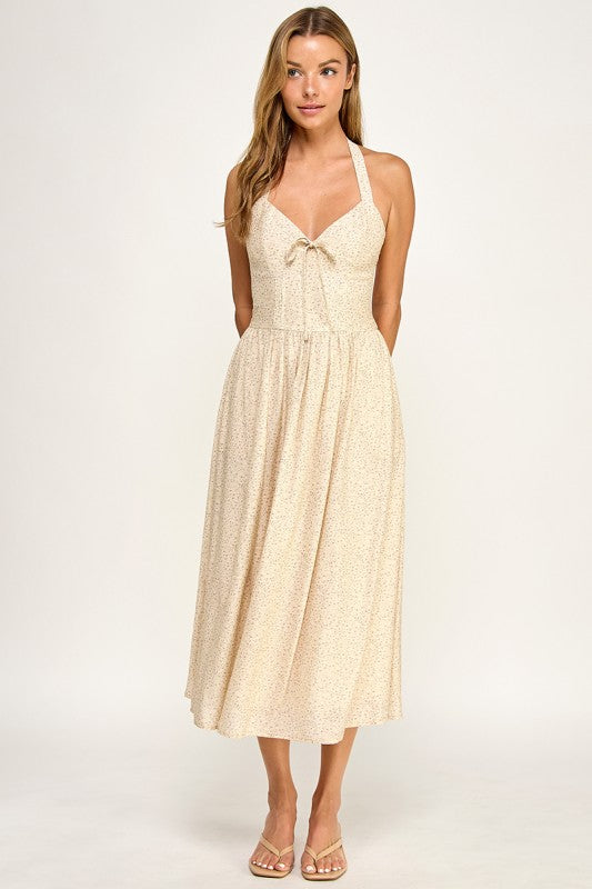 D5754S-1 Halter Tie-Front Fit-and-Flare Midi Dress