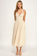 D5754S-1 Halter Tie-Front Fit-and-Flare Midi Dress