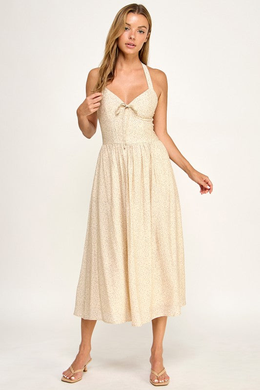 D5754S-1 Halter Tie-Front Fit-and-Flare Midi Dress