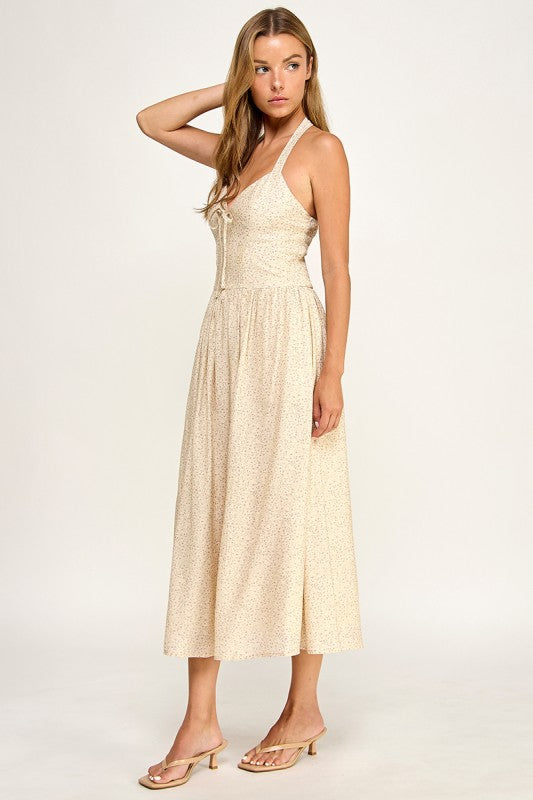 D5754S-1 Halter Tie-Front Fit-and-Flare Midi Dress