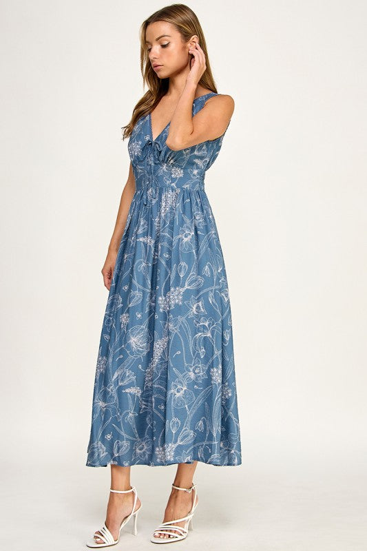 D5756S Floral Sleeveless V-Neck Lace Trim Tie-Front Midi Dress