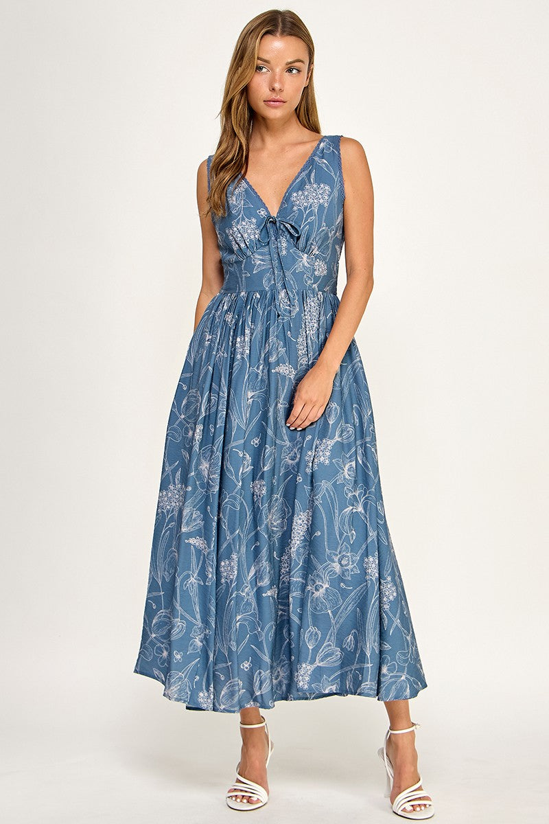 D5756S Floral Sleeveless V-Neck Lace Trim Tie-Front Midi Dress