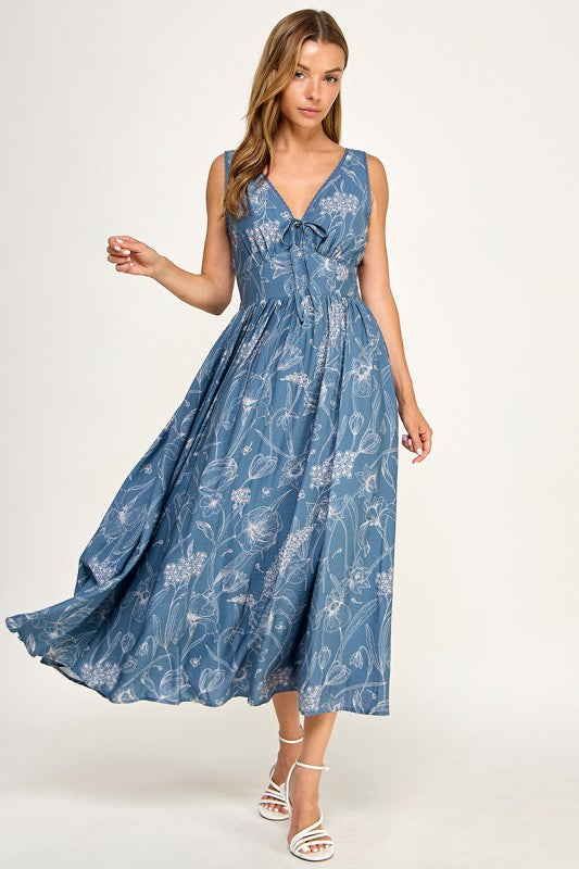 D5756S Floral Sleeveless V-Neck Lace Trim Tie-Front Midi Dress