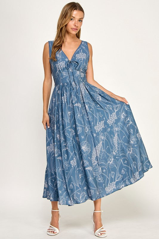 D5756S Floral Sleeveless V-Neck Lace Trim Tie-Front Midi Dress