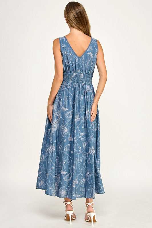 D5756S Floral Sleeveless V-Neck Lace Trim Tie-Front Midi Dress