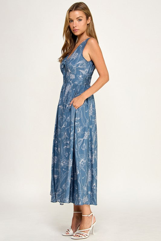 D5756S Floral Sleeveless V-Neck Lace Trim Tie-Front Midi Dress
