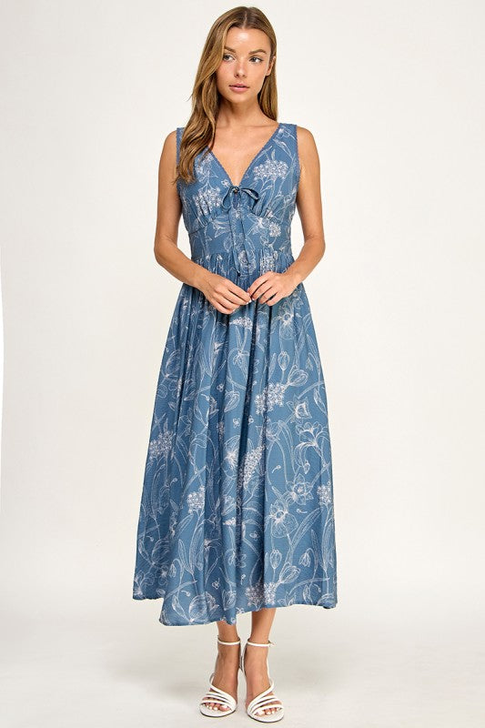 D5756S Floral Sleeveless V-Neck Lace Trim Tie-Front Midi Dress
