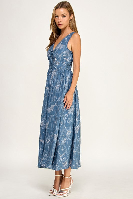 D5756S Floral Sleeveless V-Neck Lace Trim Tie-Front Midi Dress