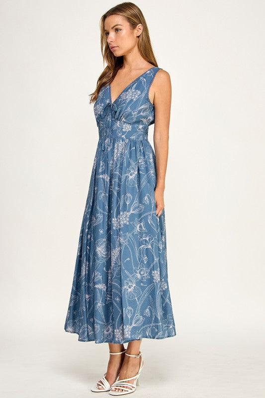 D5756S Floral Sleeveless V-Neck Lace Trim Tie-Front Midi Dress
