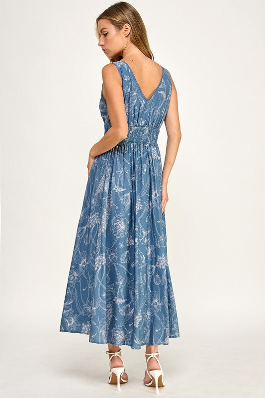 D5756S Floral Sleeveless V-Neck Lace Trim Tie-Front Midi Dress