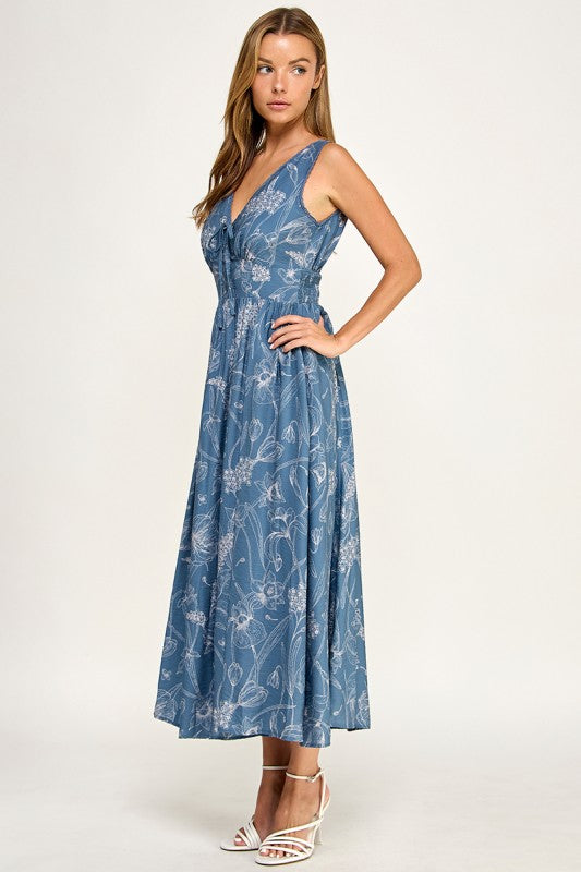 D5756S Floral Sleeveless V-Neck Lace Trim Tie-Front Midi Dress