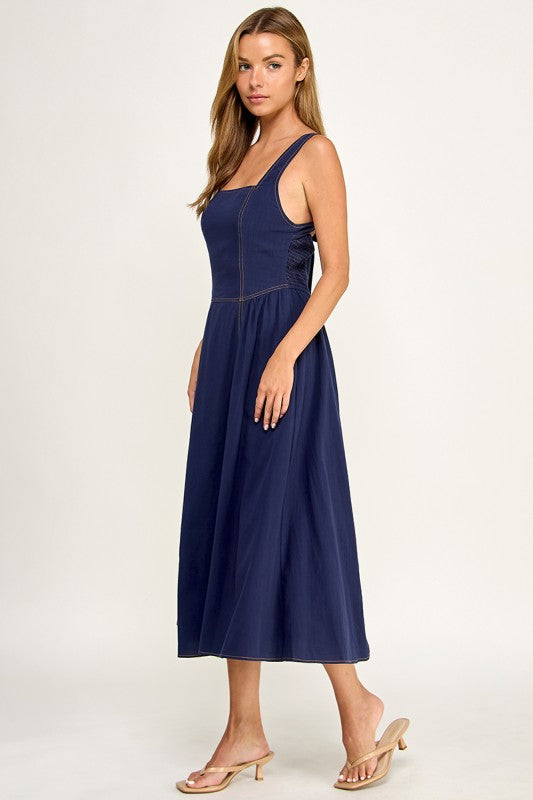 D5763 Vintage Gingham Tie Shoulder Midi Dress