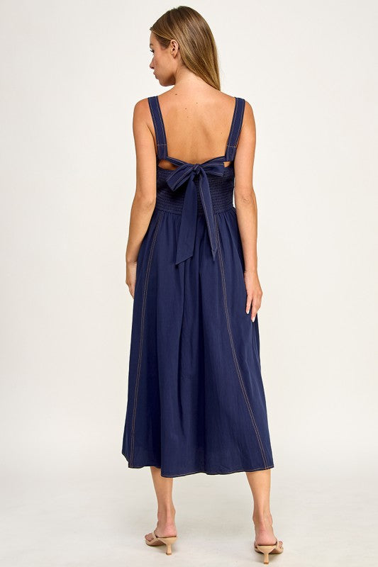 D5763 Vintage Gingham Tie Shoulder Midi Dress